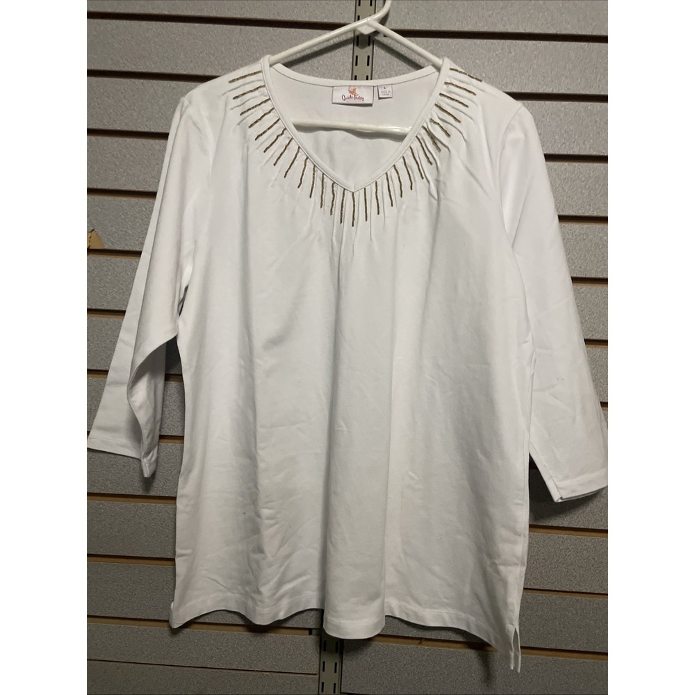 Quacker Factory Top Shirt Blouse‎ 3/4 Sleeves White Beaded Fringe V Neck
